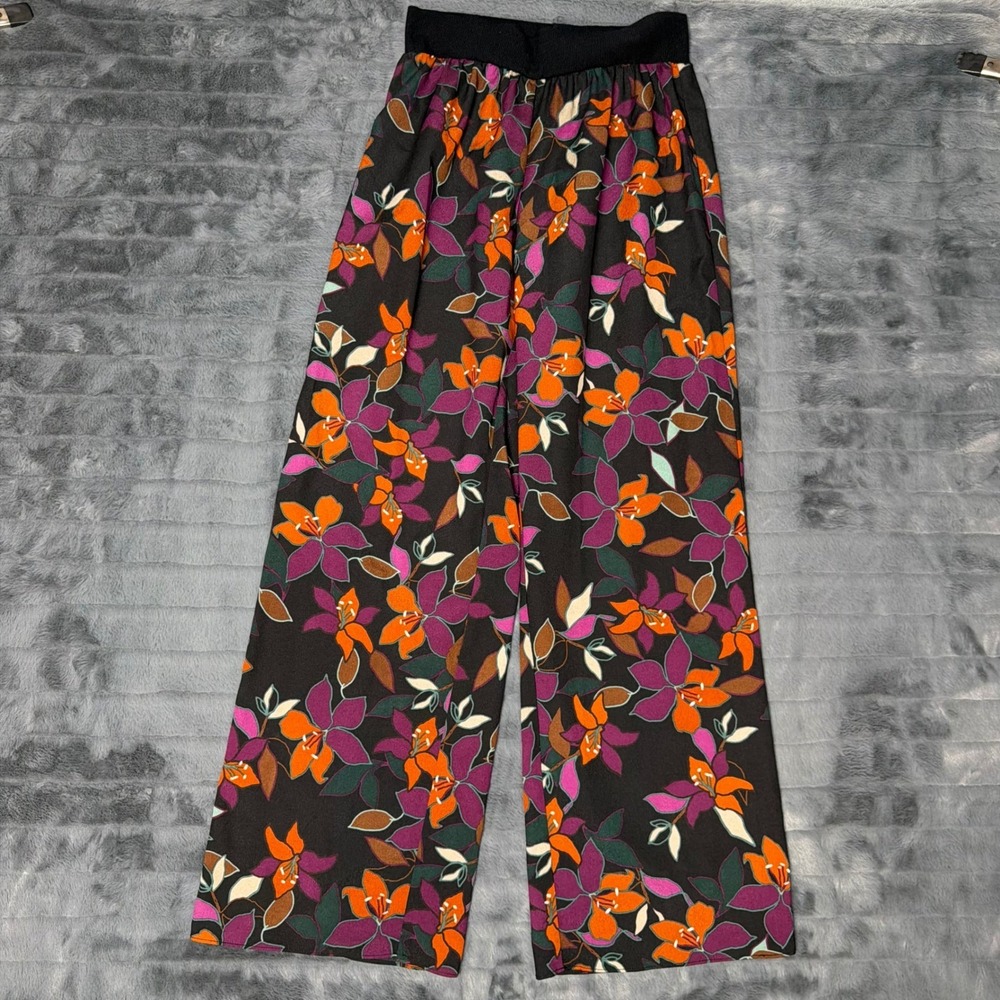 Calvin Klein Womens Floral Wide Leg Pants Black Orange Purple Size M RN54163